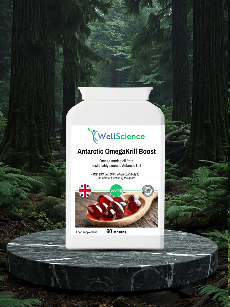 Antarctic OmegaKrill Boost 60 capsules – sustainably sourced krill oil heart and brain supplement UK WellScience