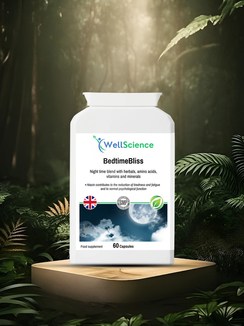 BedtimeBliss 60 capsules – natural sleep support supplement with herbs and amino acids UK WellScience