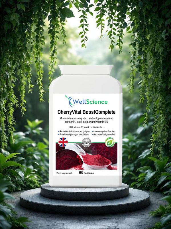 CherryVital BoostComplete 60 capsules – beetroot and Montmorency cherry energy supplement UK WellScience