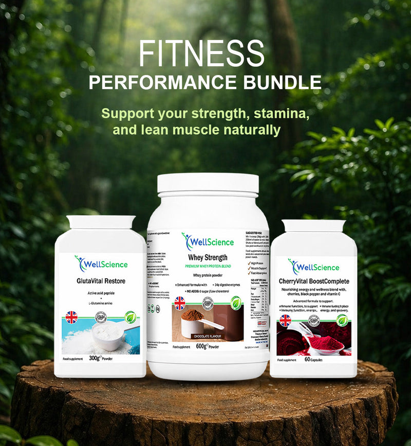 Fitness Performance Bundle – whey protein, L-Glutamine and CherryBeet supplement bundle UK WellScience