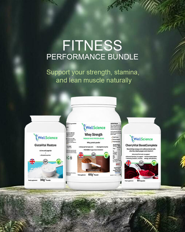 Fitness Performance Bundle – whey protein, L-Glutamine and CherryBeet recovery bundle UK WellScience