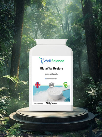 GlutaVital Restore 100g – pure L-Glutamine amino acid powder for gut and muscle recovery UK WellScience
