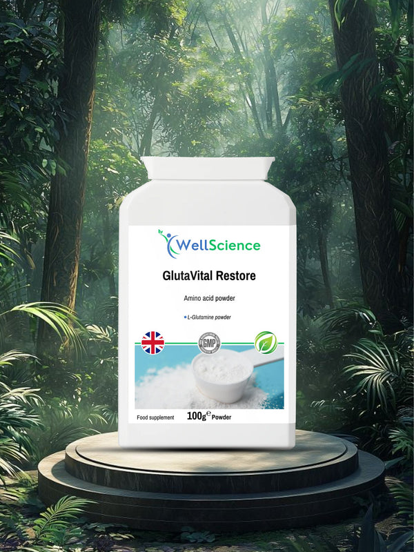 GlutaVital Restore 100g – pure L-Glutamine amino acid powder for gut and muscle recovery UK WellScience
