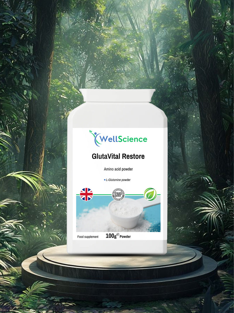 GlutaVital Restore 100g – pure L-Glutamine amino acid powder for gut and muscle recovery UK WellScience