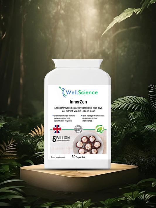 InnerZen 30 capsules – Saccharomyces boulardii probiotic with vitamin D3 gut supplement UK WellScience