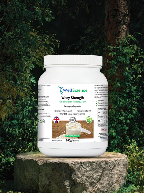 Whey Strength Vanilla 600g – premium vanilla whey protein powder for lean muscle UK WellScience